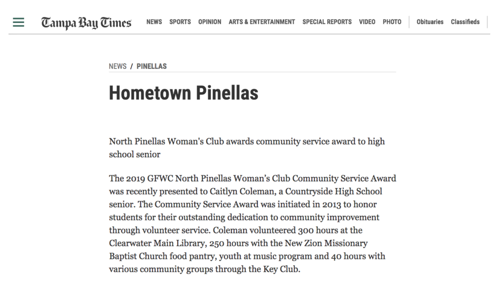 Hometown Pinellas Tampa Bay Time - GFWC North Pinellas Woman's Club scholarship